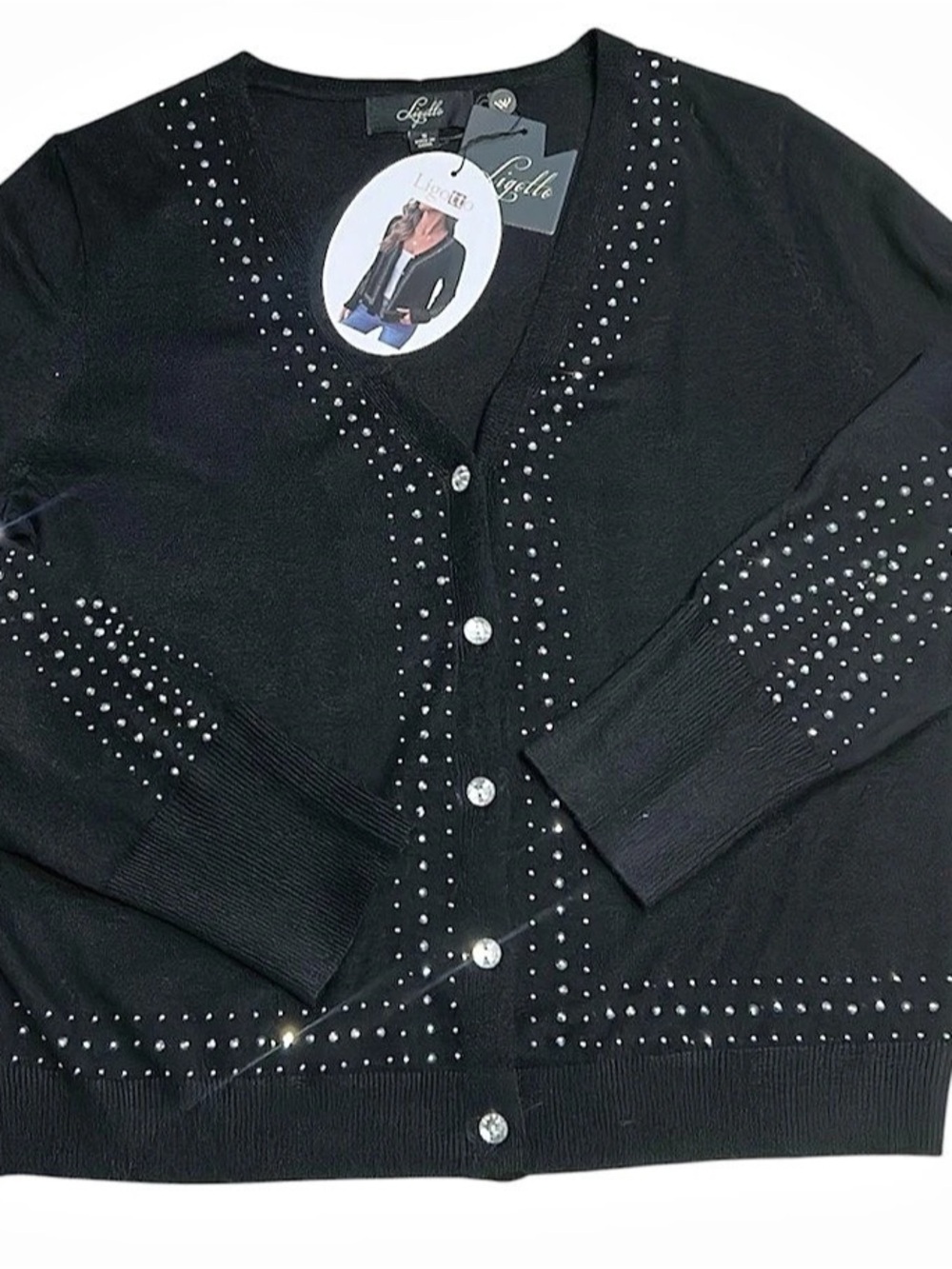 Ligolle Rhinestone Button Cardigan in Black NWT